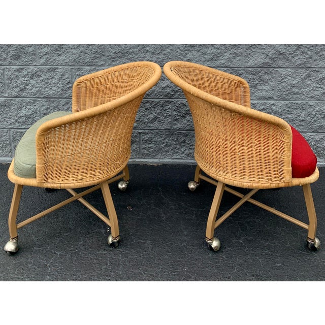 Vintage Natural Woven Wicker Barrel Chairs on Casters - Set of 2 For Sale - Image 9 of 11