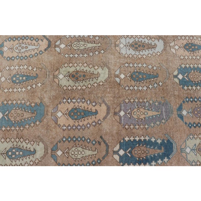 1940s Vintage Turkish Tulu Rug With Large Scale Paisley Design in Tans, Brown and Blue 3'5"x6'1" For Sale - Image 5 of 10