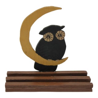 Vintage Folk Art "Owl on a Crescent Moon" Carving For Sale