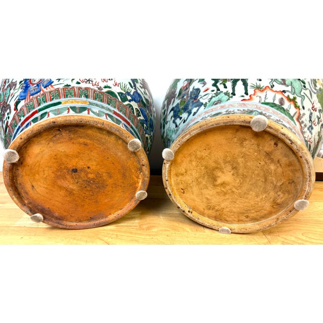Ceramic Pair Monumental Chinese Famille Verte Buddhist Ginger Jars, Late Qing Dynasty For Sale - Image 7 of 18