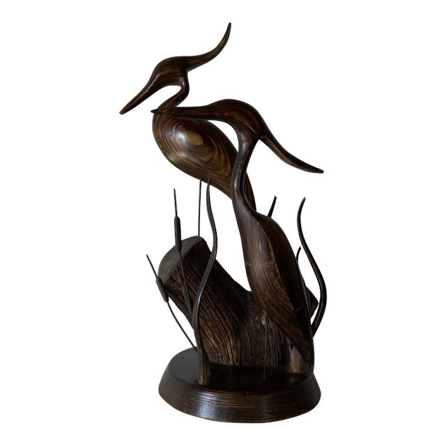 Vintage Carved Wood Heron Bird Sculpture For Sale