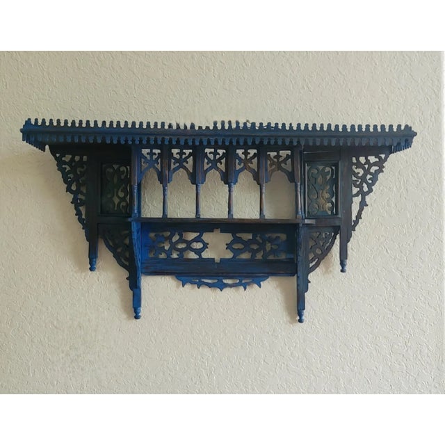 1980s Vintage Moroccan Musharabi Blue Wooden Wall Shelf For Sale - Image 9 of 9