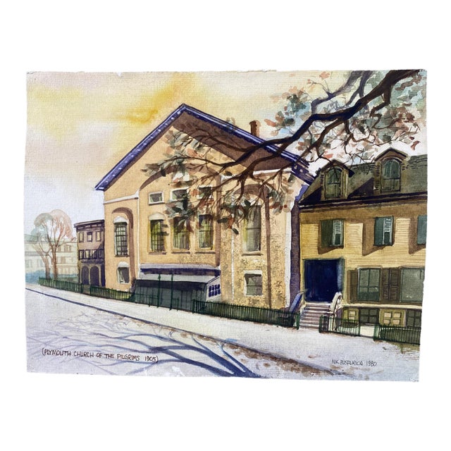Original Architectural Brooklyn New York Watercolor Painting of Plymouth Church of the Pilgrims by Artist Nik Puspurica For Sale