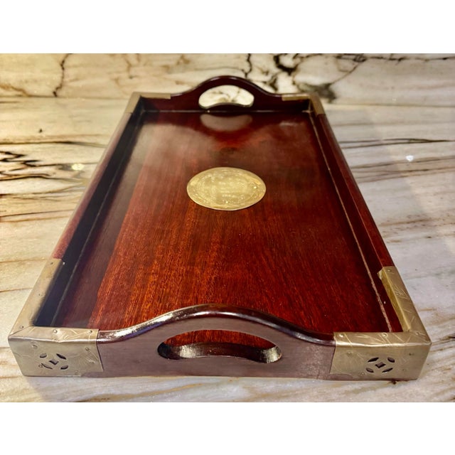 Mid-20th Century Chinese Rosewood Chinese Rosewood Tray Brass Mounts & Medallion For Sale In Miami - Image 6 of 6