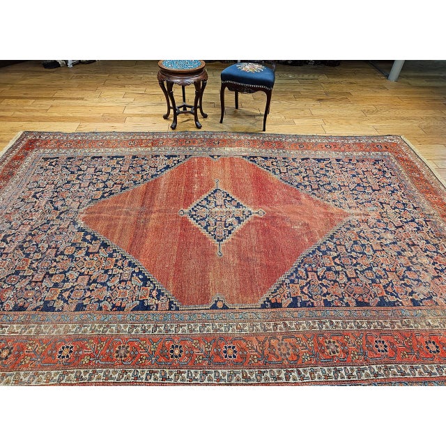 19th Century Antique Persian Malayer Rug, Hand-Knotted Wool, Geometric Pattern, 8x12, Terracotta & Navy For Sale - Image 5 of 16
