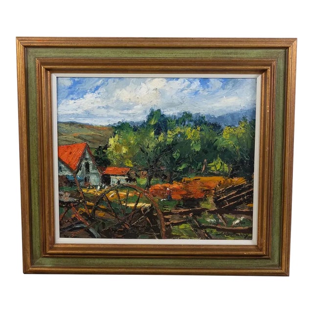 Mid 20th Century Original Pastoral Oil Painting by J. KoutachyGold Colored Frame For Sale