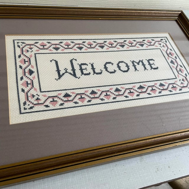American Vintage Handcrafted Cross Stitch Framed Welcome Sign For Sale - Image 3 of 4