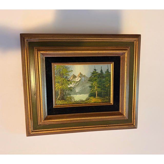 Vintage Mid-Century Modern Mountain Lake Oil Painting Signed Kelly Wood Velvet Frame For Sale - Image 10 of 10
