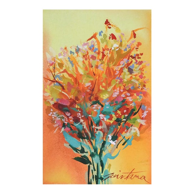 Small Contemporary Bright Floral Watercolor Painting For Sale