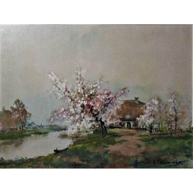 Artist: Henri Jozef Pauwels (Belgian, 1903-1983) Title: Landscape With River And Farm Year: Circa 1950 Medium: Oil on...