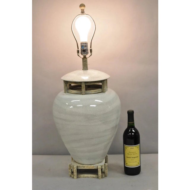 Vintage Contemporary Architectural Design Bulbous Ginger Jar Ceramic Porcelain Table Lamp with Distress Painted Metal...