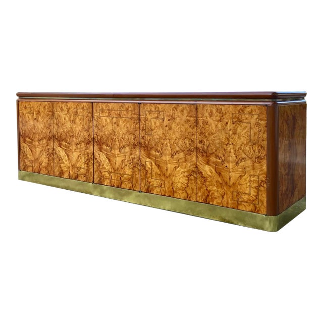 Credenza or Sideboard in Maple Root Burl + Brass Inlay | Late 20th Century in the Style of Stanley Jay Friedman for Brueton For Sale