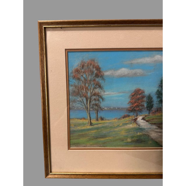 Vintage Riverside Landscape Framed Pastel Watercolor Painting with Trees In good original condition showing some typical...
