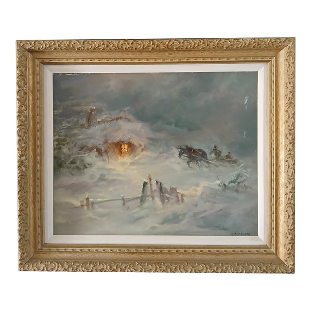 Frank Ferruzza the Blizzard- Oil on Canvasboard Listed Artist C. 1960s For Sale