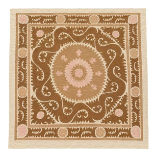 Beige Brown Cotton Suzani Square With Pink Medallion For Sale