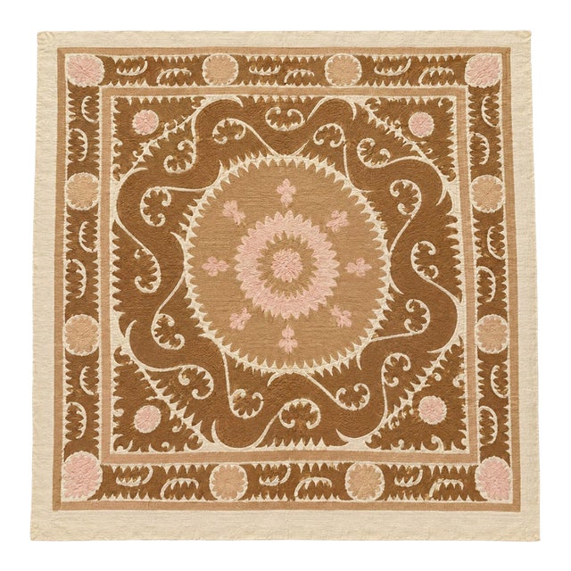 Beige Brown Cotton Suzani Square With Pink Medallion For Sale