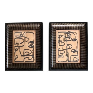 Contemporary 2 Original Wayne Cunningham Abstract Marker Drawings Striped Frames-a Pair For Sale