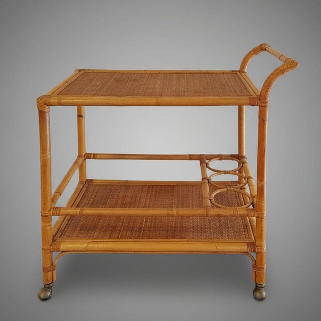Mid-Century Modern Vintage Bar Cart in Bamboo and Rattan, 1960s For Sale - Image 3 of 10