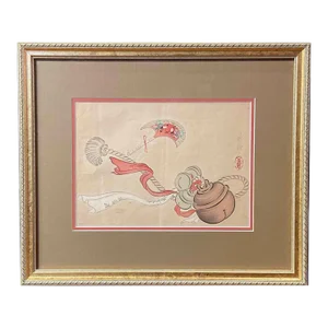 19th Century Japanese Woodblock Print Depicting a Ceremonial Tassel and Fan