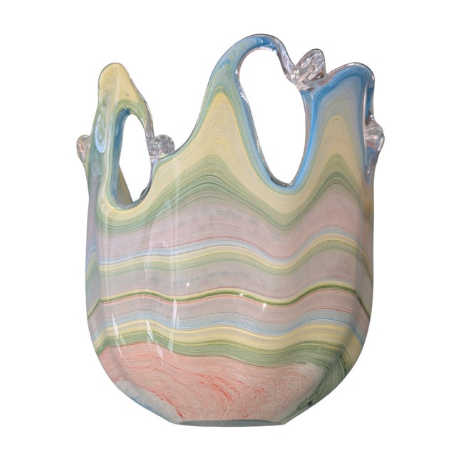Striking large-scale Murano handkerchief vase featuring dramatic ribbon-like peaks and multicolor pastel swirls....