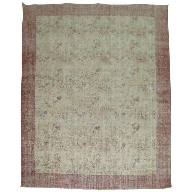 Vintage Turkish room size shabby chic rug with a sweet feminine design. 7'10'' x 10'11''