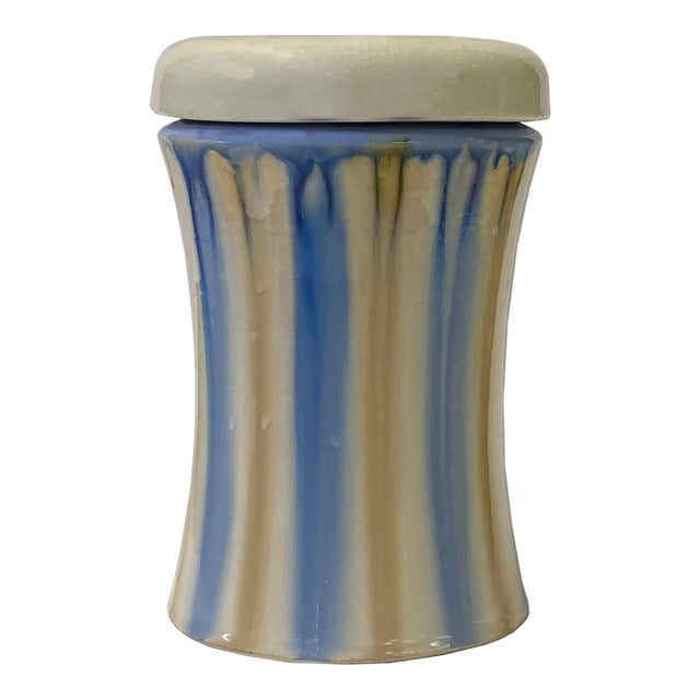 Blue Tan White Strips Ceramic Round Container Urn Jar For Sale
