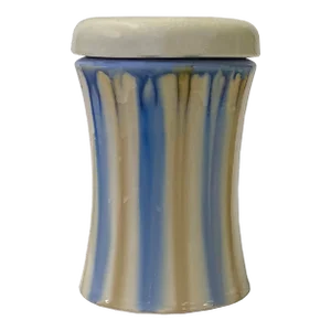 Blue Tan White Strips Ceramic Round Container Urn Jar