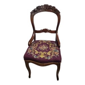 Victorian Carved Walnut Balloon Back Needlepoint Side Chair