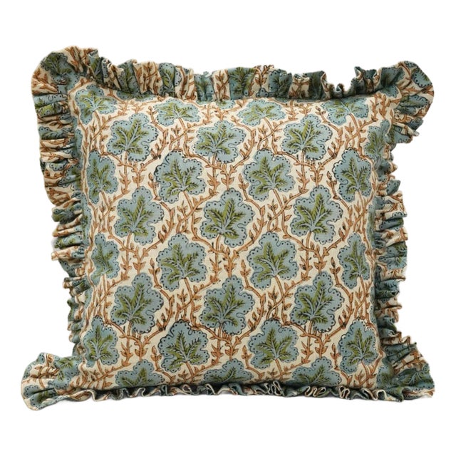 Fabdivine Handcrafted Block Print Frill Cushion Cover 22x22 Inch Pure Linen- Pushpsamita For Sale
