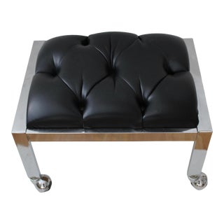 Vintage Chrome Tufted Black Faux Leather Foot Rest Ottoman For Sale