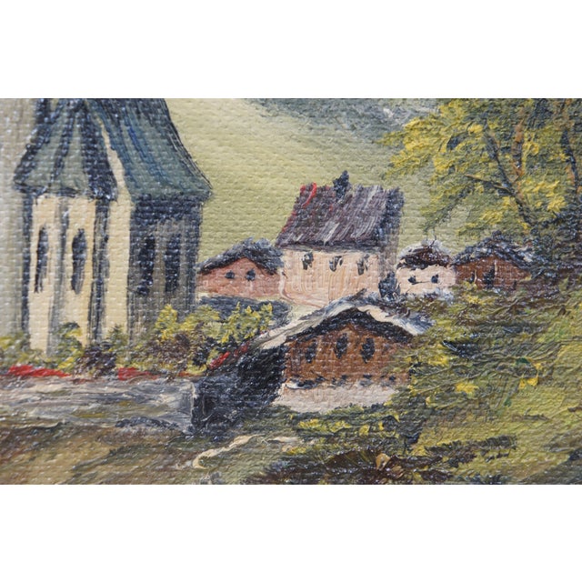 Wood Vintage Eduard Enzmann Alpine Church Landscape Oil Painting on Board 20" For Sale - Image 7 of 10