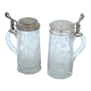 Two Bohemian Engraved Glass Stag & Clover Motif .800 Silver Mounted Steins