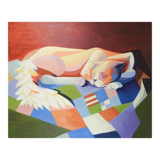 Large Contemporary Abstract Cubist Cat on Quilt Painting For Sale