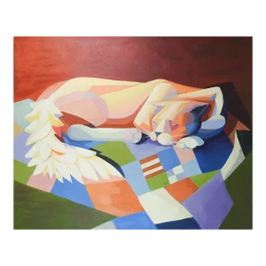 Large Contemporary Abstract Cubist Cat on Quilt Painting