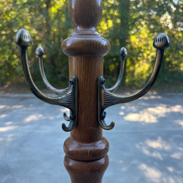 Vintage MCM Tall Wooden Coat Rack With Brass Hooks For Sale - Image 10 of 12