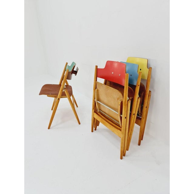 Wood Model SE18 Austrian Folding Chair by Egon Eiermann for Wilde & Spieth, 1950s, Set of 4 For Sale - Image 7 of 11