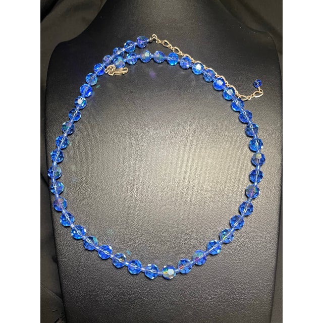 MCM Jewelry in Swarovski Styled Leaded Crystal Cornflower Blue Necklace With Aurora Borealis Peacock Iridescence Sterling Silver Clasp For Sale - Image 9 of 9