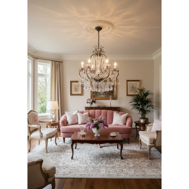 Vintage Italian Crystal Beaded Chandelier with Lilac Glass Bobeches, 1960s For Sale - Image 17 of 18