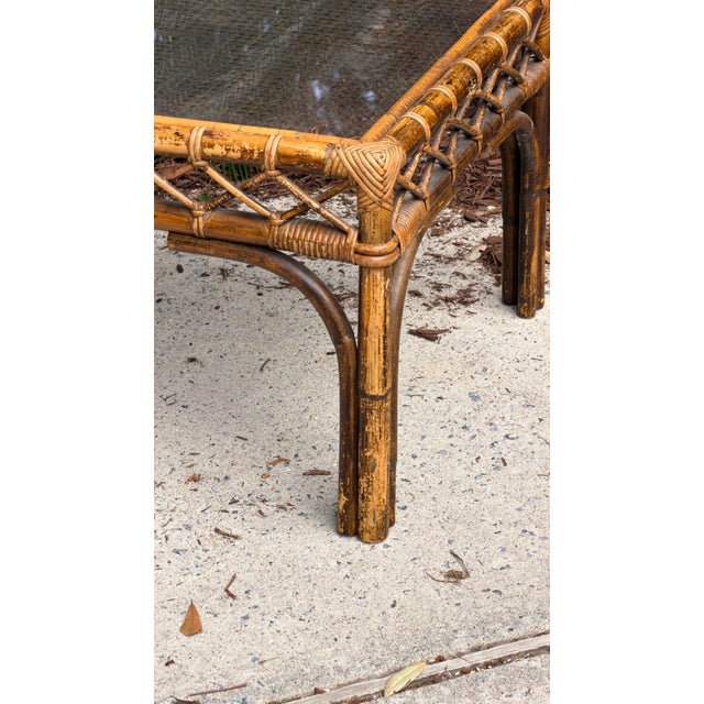 Brown Rattan Cane Bamboo Coffee Table 1960s Tortoise Style For Sale - Image 8 of 16