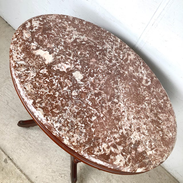 Victorian Revival Marble Top Center Table With Carved Walnut Pedestal Base For Sale - Image 10 of 18