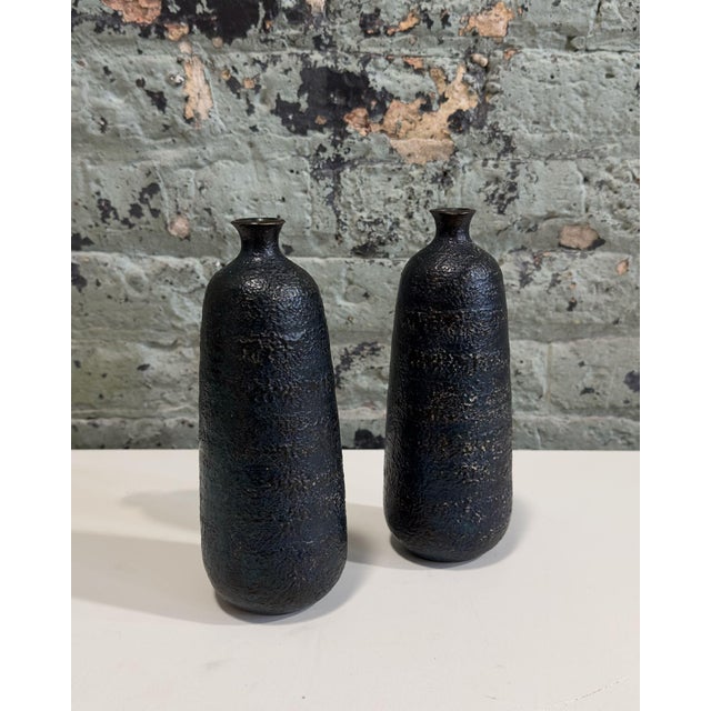 Japanese Craftsman Bronze Vases Black Volcanic Patinated Enamel, Japan 1930 For Sale - Image 4 of 11