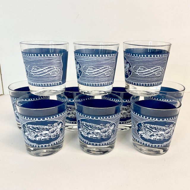Mid-Century Americana Currier & Ives French Blue Old Fashion Lowballs Glasses - Set of 10. For Sale - Image 6 of 10