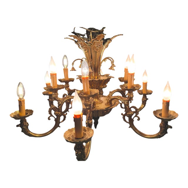 Antique Italian Baroque Style Ornate Figural Ormolu Brass Chandelier 12 Light For Sale
