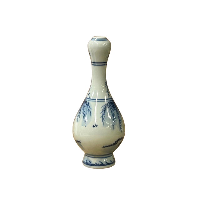 Asian 6" Oriental Blue White Scenery Graphic Small Porcelain Art Vase For Sale - Image 3 of 9
