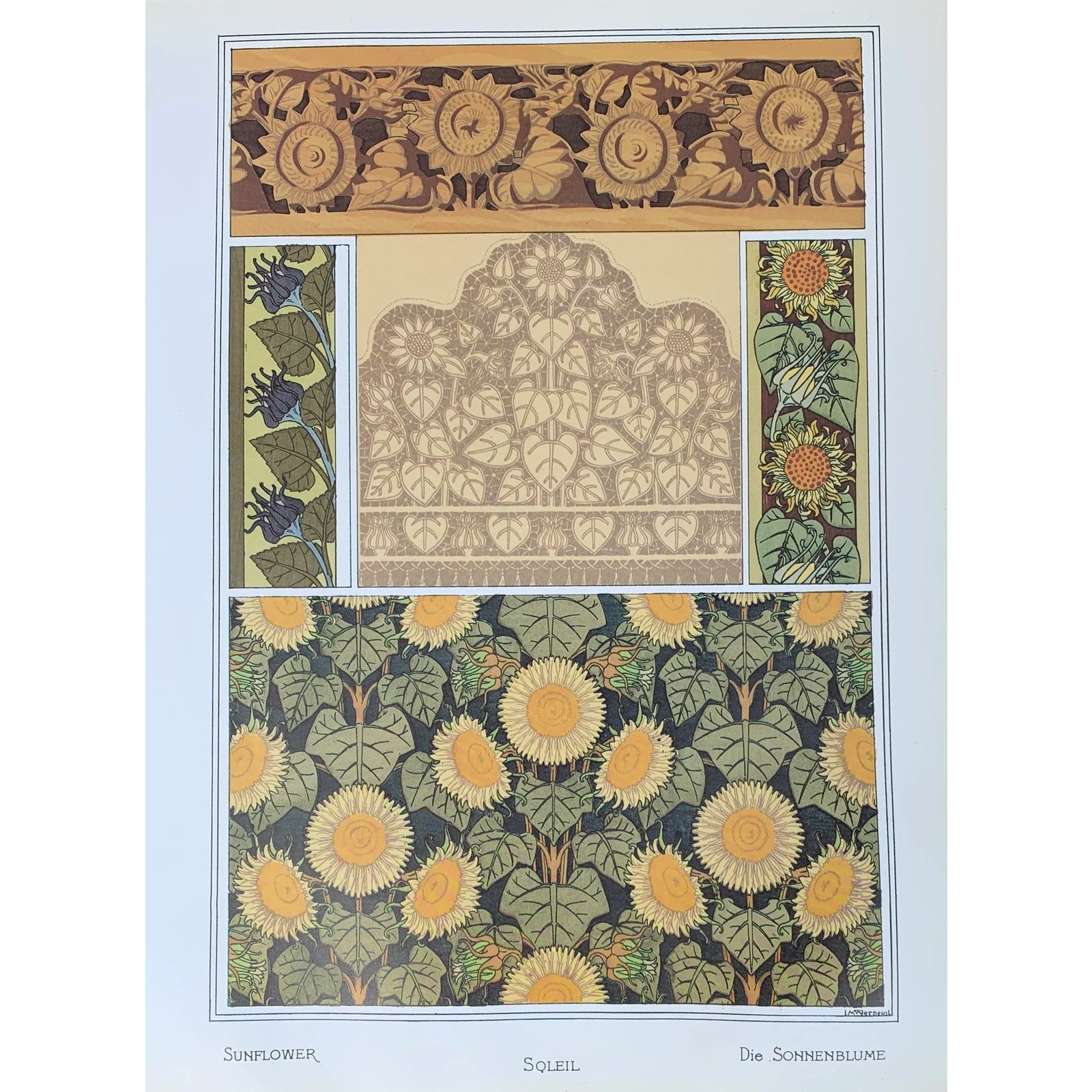 Floral Art Deco Botanical Illustration Sunflower Garden Print | Chairish