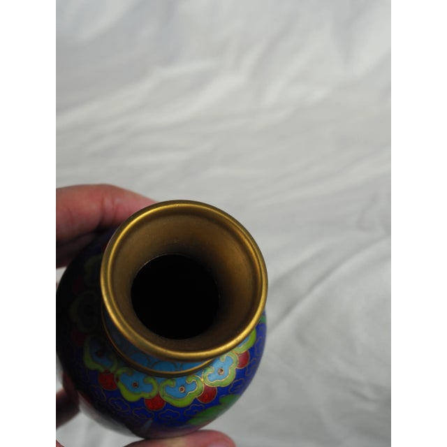 Metal Mid-Century Chinese Blue Floral Bird Cloisonne Vase For Sale - Image 7 of 12