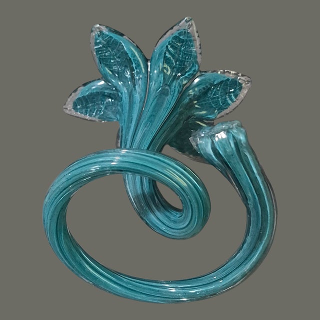 Late 20th Century Vintage Italy Pair Blue & Red Art Glass Ruffled Flower Top Spiral Base Bud Vases For Sale - Image 5 of 9