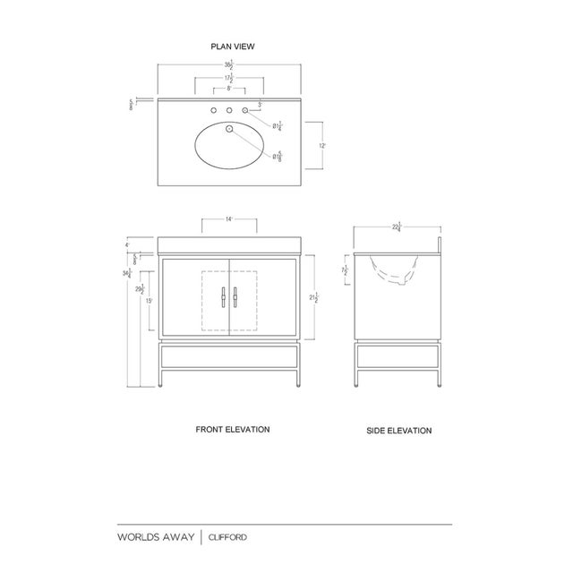 Matthew Izzo Home Clifford 36.5" Dark Burlwood Single Porcelain Sink, Two Door Bath Vanity With Carrara Marble, Brass Base and Acrylic Hardware For Sale In New York - Image 6 of 9