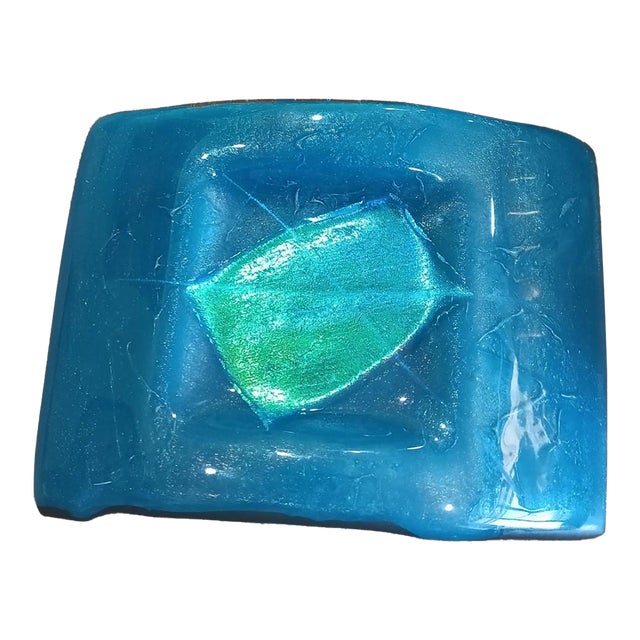 Mid-Century Aqua Fused Glass Ashtray or Catchall With Foil Center For Sale
