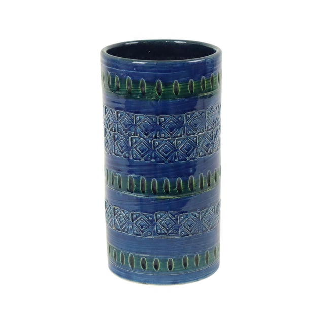 Vintage blue glazed ceramic vase by Ceramiche Minerva, Italy, 1970s. An attractive cylindrical vase in the style of...